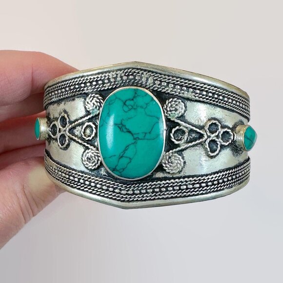 Vintage Afghan Cuff: Middle Eastern Green Jasper Silver Ethnic Tribal Boho - Picture 2 of 5